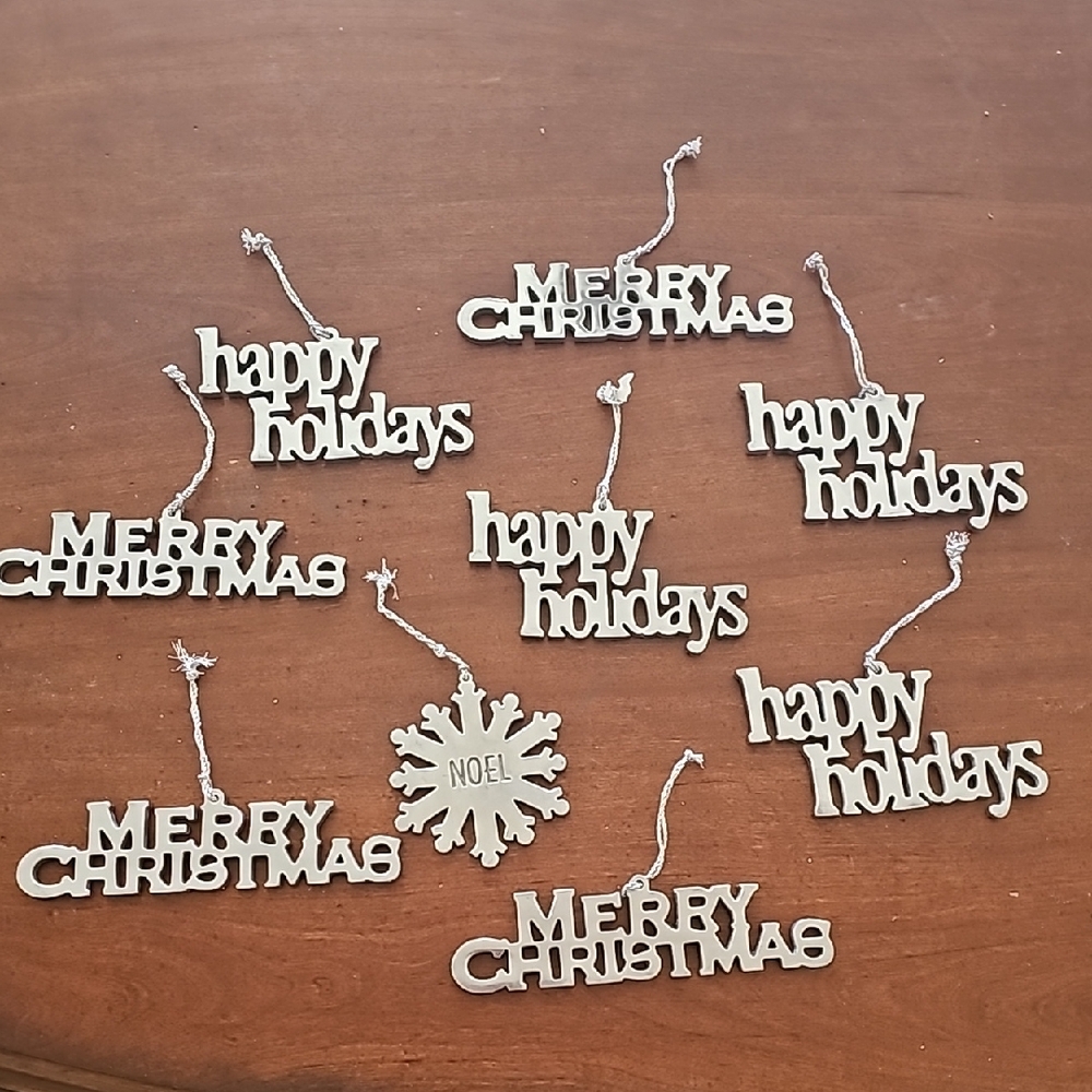 9 Silver metal Holiday Ornament Set Merry Christmas Happy Holidays Noel
